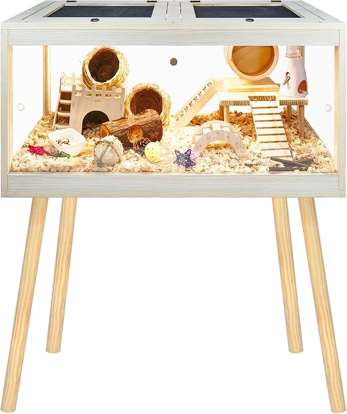 Prolee Hamster Cage Chewproof, Mice and Rat Habitat with Transparent Sides, Hamster Cage with Openable Mesh Top, Solid Built with Lock Design and Leg Stand, 32" Wide-Mewly Pet