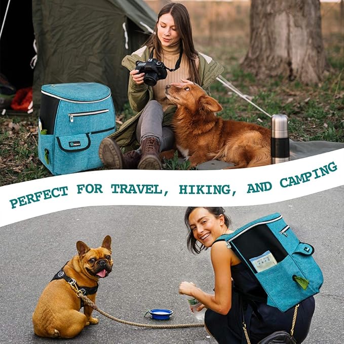 PetAmi Dog Travel Bag Backpack, Airline Approved Dog Bags for Traveling, Puppy Diaper Bag Supplies, Pet Camping Essentials Hiking Accessories Dog Mom Gift, Food Container, Collapsible Bowls, Teal Blue-Mewly Pet