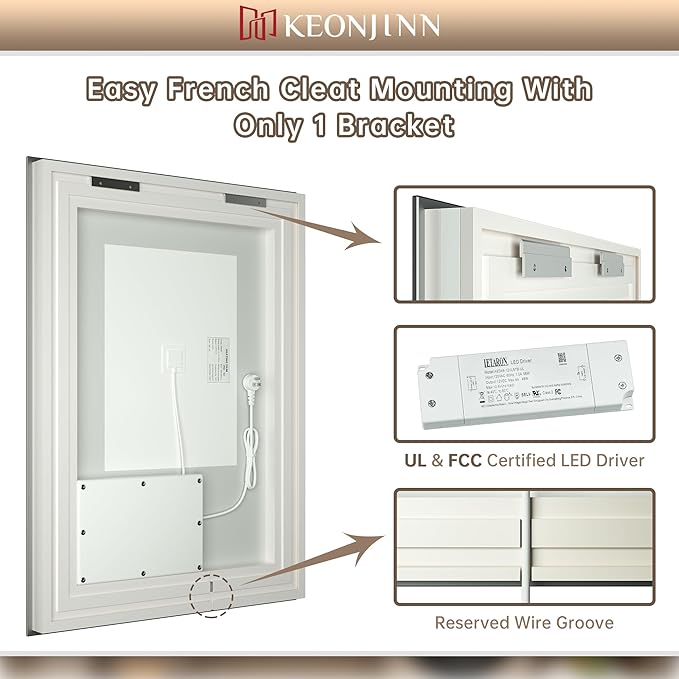 Keonjinn LED Bath Mirror 40” x 36” with Frontlit and Backlit, Stepless 3 Colors Temperature & Dimmable Vanity Mirror, UL Listed LED Driver, Double Light Strips, Anti-Fog Wall Mirror with Lights