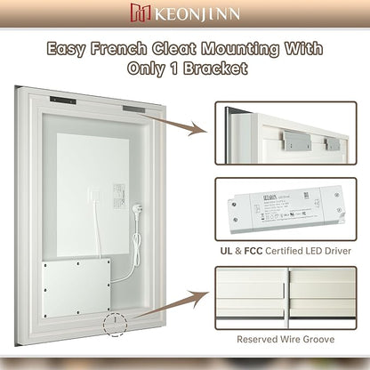Keonjinn LED Bath Mirror 40” x 36” with Frontlit and Backlit, Stepless 3 Colors Temperature & Dimmable Vanity Mirror, UL Listed LED Driver, Double Light Strips, Anti-Fog Wall Mirror with Lights