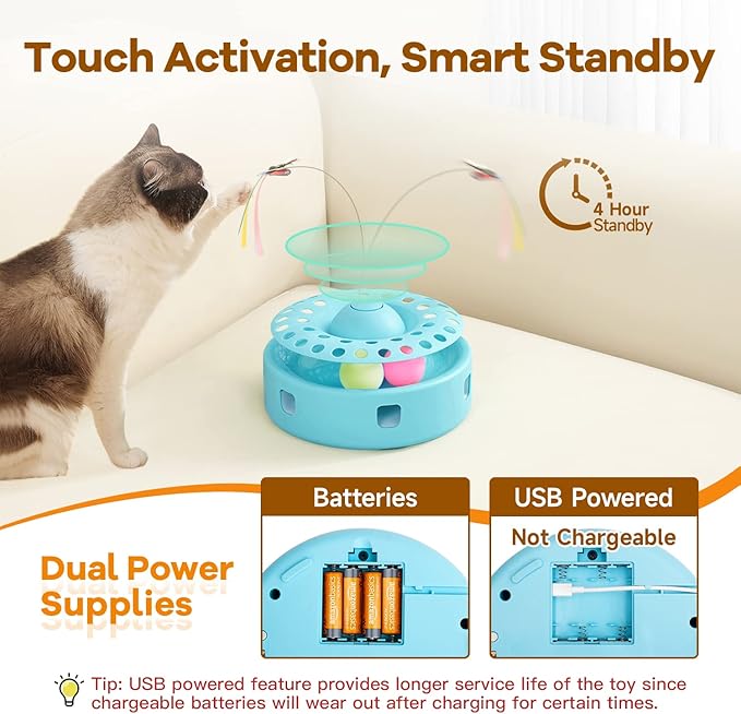 Potaroma Cat Toys 3-in-1 Automatic Interactive Kitten Toy, Fluttering Butterfly, Random Moving Ambush Feather, Track Balls, Dual Power Supplies, USB Powered, Indoor Exercise Cat Kicker (Blue)-Mewly Pet