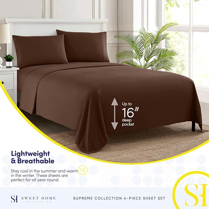 RV Queen Bed Sheets - Breathable Luxury Sheets with Full Elastic & Secure Corner Straps Built In - 1800 Supreme Collection Extra Soft Deep Pocket Bedding Set, Sheet Set, RV Short Queen, Brown