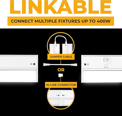 LED Under Cabinet Lighting Hardwired - 3CCT 18 Inch White Finish - Undercabinet Lights for Kitchen - Linkable Undercounter Dimmable Plug in Light or Hard Wired - Under Counter Fixture Direct Wire