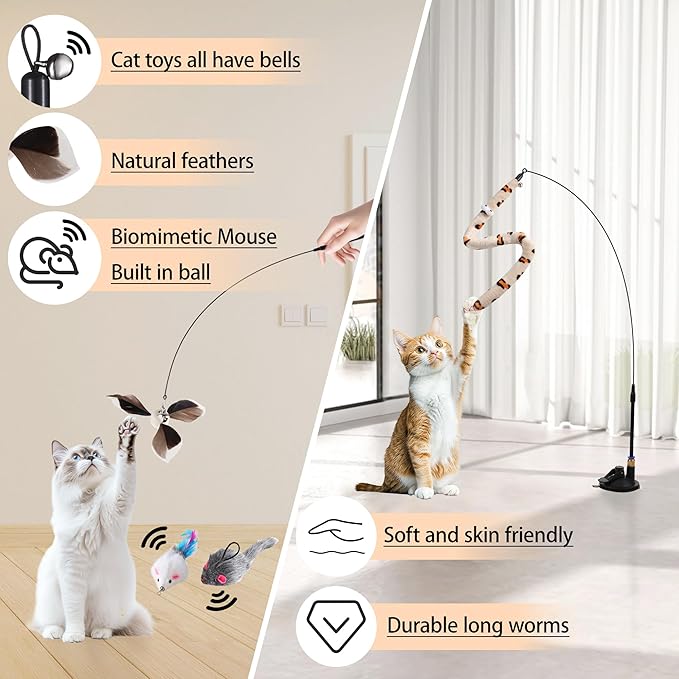 Soarer 4-in-1 Interactive Cat Feather Toys,12Pcs Durable Fishing Pole Cats Feathers Toy Replacements,Enhanced Suction Cup Cats Wand Toy,2 Types Door Hanging Cat String Toys for Indoor Kitten-Mewly Pet