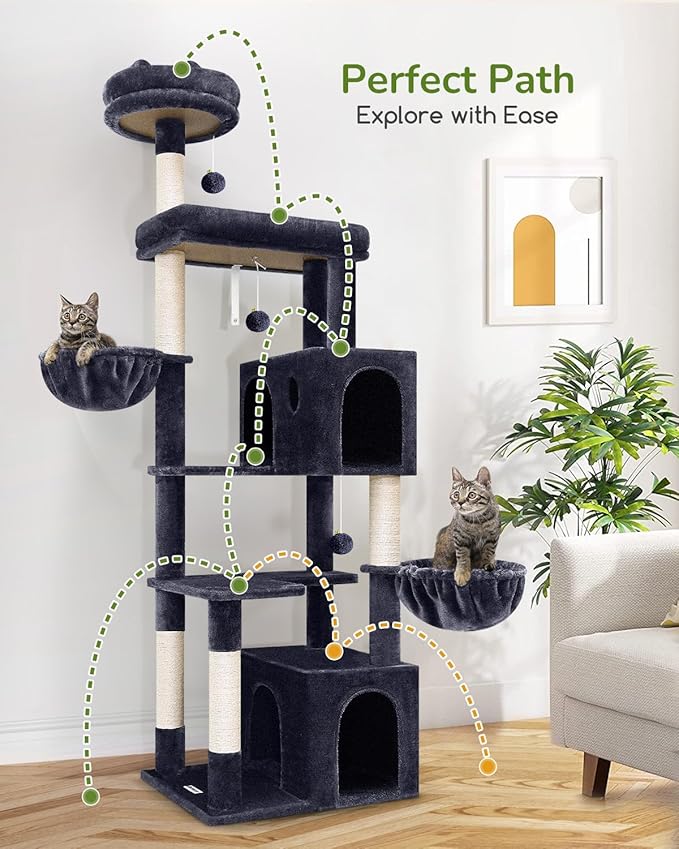 Globlazer Heavy Duty Cat Tree Tower, 73in Tall Cat Tree for Indoor Cats Large Adult, Cat Condo for Large Cats with 5 Scratching Posts, 2 Cat Caves, 2 Padded Perches, 2 Hanging Baskets, F73, Dark Gray-Mewly Pet