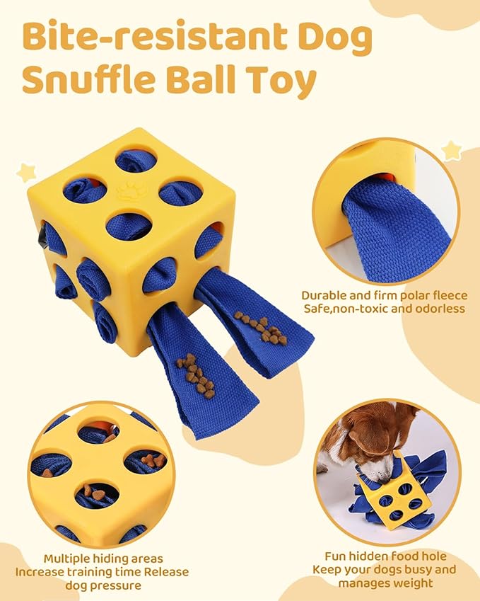 Interactive Puzzle Dog Toy Encourage Natural Foraging Skill, Durable Dog Enrichment Toy Snuffle Cube Cloth Strip with Hide & Seek Food, Slow Feeder for Mind Stimulate & Stress Relief (Yellow)-Mewly Pet