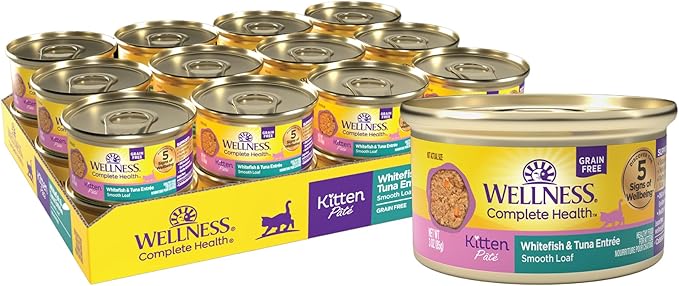 Wellness Complete Health Pate Kitten Wet Cat Food Canned Food, Natural, Protein-Rich, Grain Free, 3 Ounce Cans, 24 Pack, (Whitefish & Tuna)-Mewly Pet