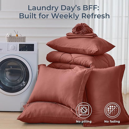 HEVUMYI Terracotta King Comforter Set - 7-Piece All Season Bed in a Bag King, Ultra Soft Bedding Set with Comforter, Flat Sheet, Fitted Sheet, Pillowcases, Pillow Shams