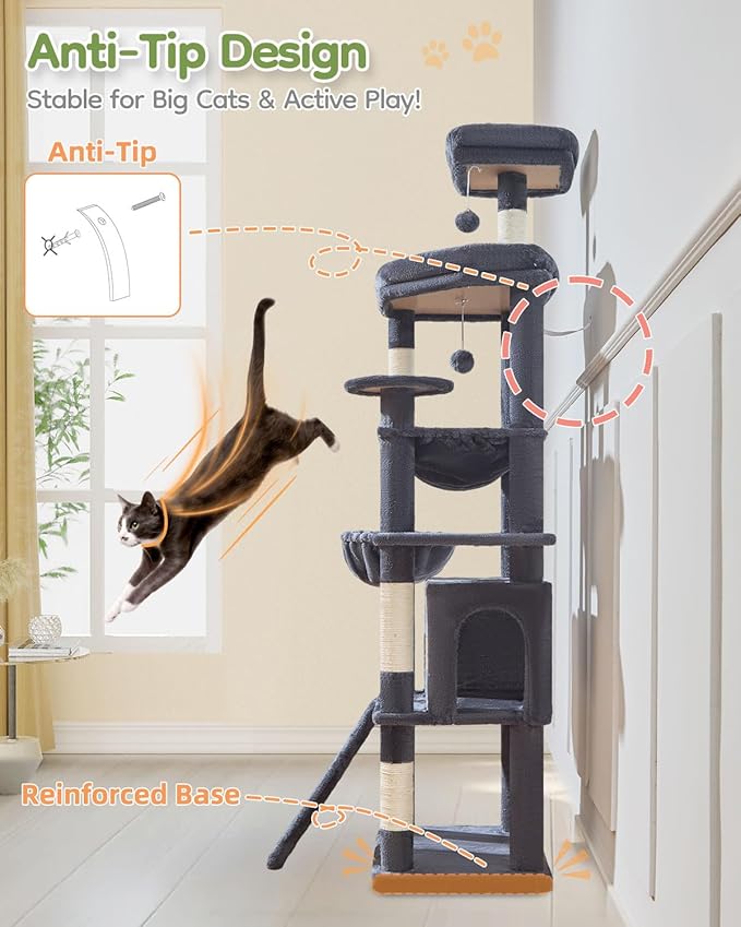 Taoqimiao 72 Inches Cat Tree for Large Cats, Multi-Level Tall Cat Tower, Widened Cat Condo with Large Scratch Board, 5 Scratching Posts, Metal Hammcock, Cozy Basket, Smoky Gray, MS045G-Mewly Pet