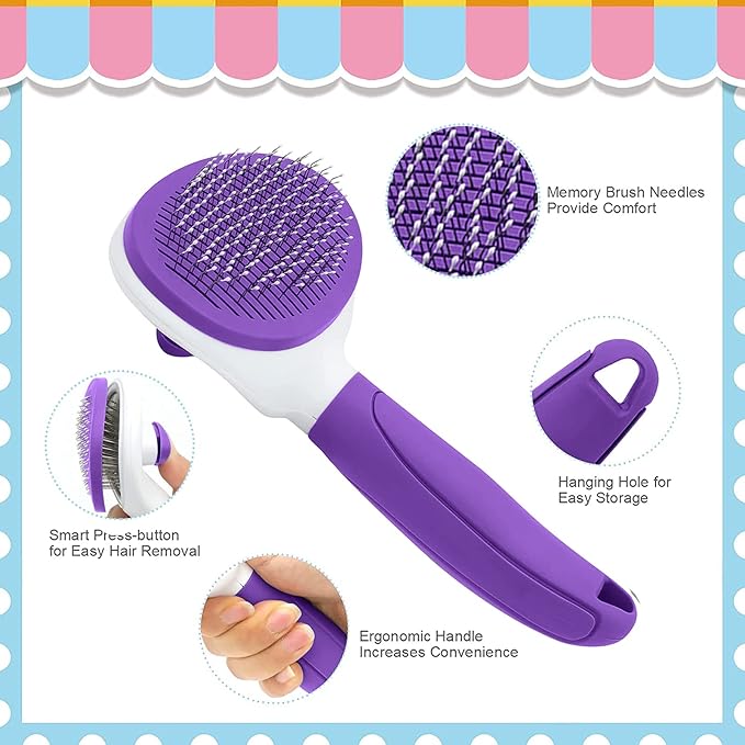 Cat Brush for Shedding, Cat Hair Brush with Release Button for Indoor Cats Dogs Self Cleaning Grooming(Purple)-Mewly Pet