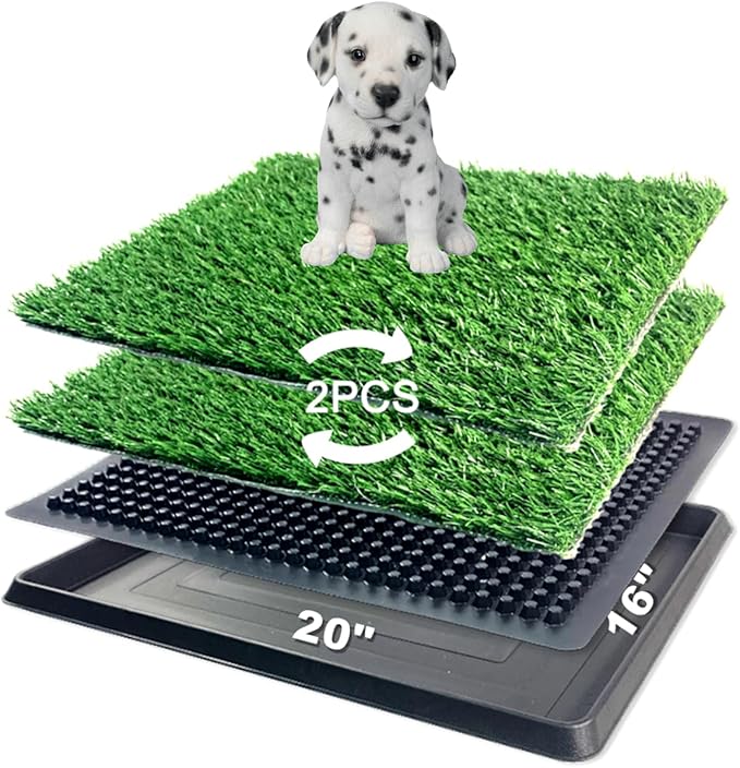 Artificial Grass Pad with Tray - 16"x20" Dog Potty for Puppy Training - with 2 PCS Reusable Replacement Fake Grass Pee Pads, Indoor/Outdoor Small Dog Litter Box for Apartment or Balcony/Patio-Mewly Pet