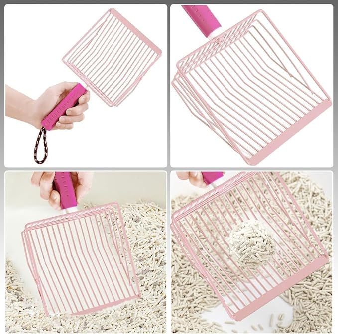 Cat Litter Scoop, 2-in-1 Detachable Ergonomic Handle, Metal, Bar Grid Shape with Suspendable Cord (Pink)-Mewly Pet