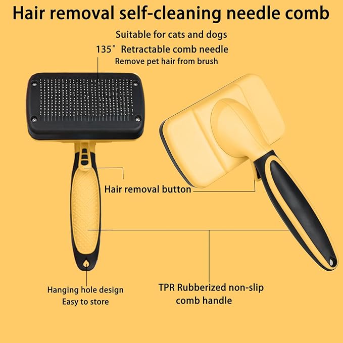Self cleaning slicker brush for dogs and cats, skin-friendly grooming cat brush, easy-to-clean dog hair brush, depilatory brush, hair brush puppy brush, pet cleaning accessories (Yellow)-Mewly Pet