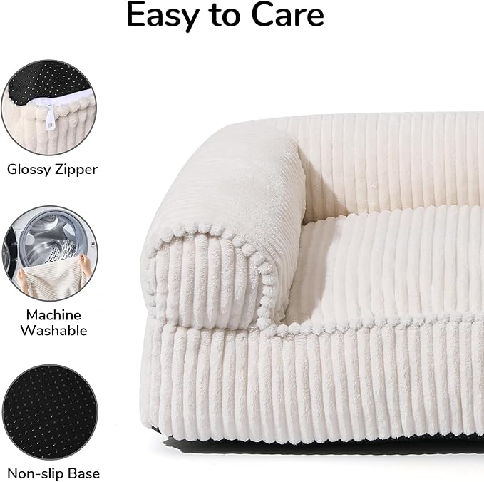 FUKUMARU Dog Couch Bed, Corduroy Cozy Cat Bed for Indoor Cats with Washable Cover, Supportive Waterproof Dog Beds Sofa for Small Dogs and Large Cats Cute, 28inch, Medium, Cream-Mewly Pet