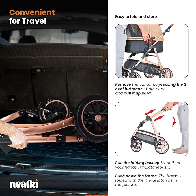 3 in 1 Pet Stroller - Stroller for Small to Medium Dogs and Cats up to 55 lbs, with Detachable Carrier/Car Seat, Foldable and Lightweight, Detachable Cushion + Cup Holder (Black/Gold)-Mewly Pet