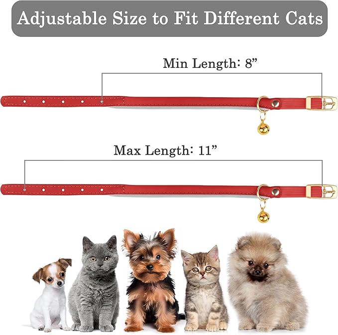 OOPSDOGGY Rolled Leather Cat Collar with Bell - Reflective Kitten Collar with Safety Elastic Strap - Adjustable Small Pet Collars for Boy Girl Cats (Red)-Mewly Pet