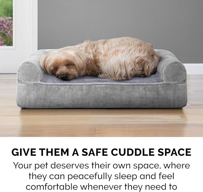 Furhaven Cooling Gel Dog Bed for Large/Medium Dogs w/ Removable Bolsters & Washable Cover, For Dogs Up to 55 lbs - Faux Fur & Velvet Sofa - Smoke Gray, Large-Mewly Pet