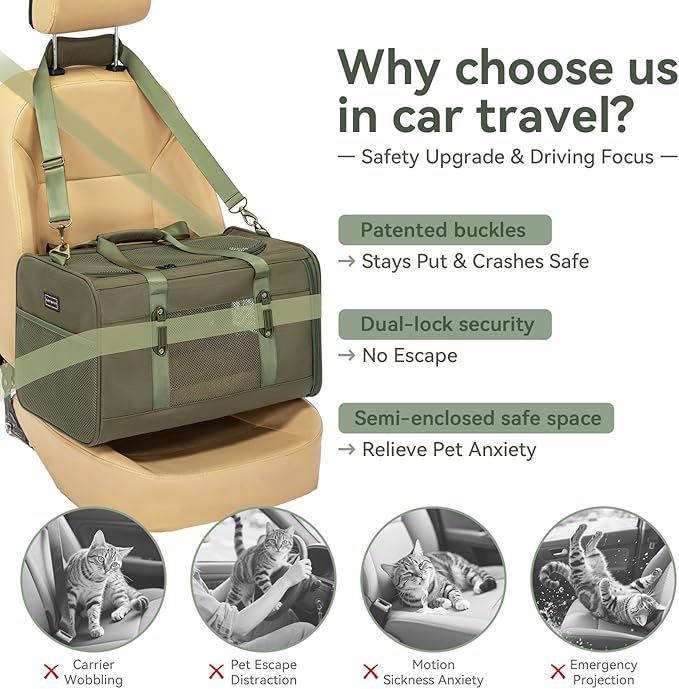 Petsfit 19x12x12 Pet Carrier for Large Cats (up to 20 lbs), Soft-Sided Small Dog Travel Carrier, Upgraded with Patented Buckle and Soft Padding, Ideal for Car Road Trips Green-Mewly Pet