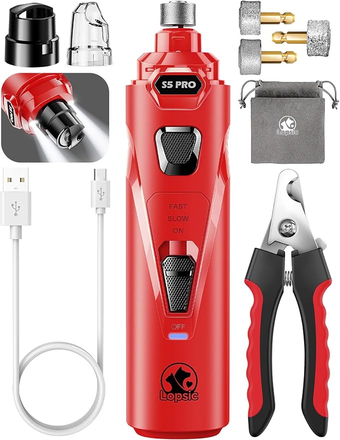 Dog Nail Grinder with 2 LED Lights Powerful 2 Speeds Super Quiet Dog Nail Trimmers with 3 Grinding Wheels Rechargeable Pet Dog Nail Clippers for Large Medium Puppy Dogs Dog Nail File Cat Nail Clipper-Mewly Pet