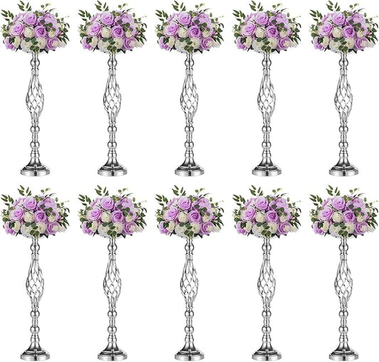 Set of 10 Versatile Silver Flower Arrangement Stand, Pillar Candle Holder Set for Wedding Party Dinner Centerpiece Event Restaurant Hotel Decoration (Silver, 10 x L)