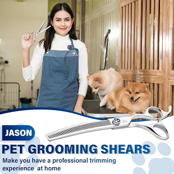 JASON 7" Curved Thinner Dog Scissors - Ergonomic Dog Grooming Scissors Silver Curved Blender Dog Shears 440C Stainless Steel Grooming Shears Professional Pet Shears For Groomer (50-Teeth)-Mewly Pet