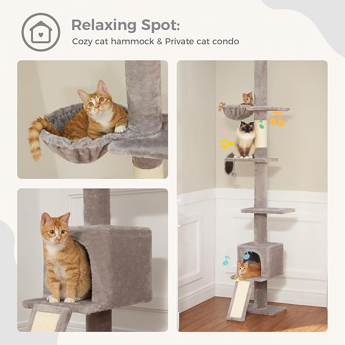 PEQULTI Floor to Ceiling Cat Tree, Tall Cat Tower, Adjustable Height (83''-108'') 5 Levels Climbing Tree for Indoor Cats with Cat Condo, Cozy Hammock and Scratching Post, Grey-Mewly Pet