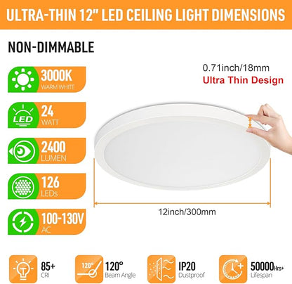 SunRider LED Flush Mount Ceiling Light Fixture, 3000K Warm White, 2400LM, 12 Inch 24W Round Flat Ceiling Lights, 240W Equiv. Panel Lamp, Non-Dimmable