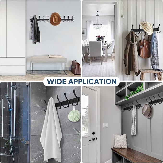 TICONN Wall Mounted Coat Rack, Five Heavy Duty Tri Hooks All Metal Construction for Jacket Coat Hat in Mudroom Entryway (Matte Black, 2-Pack)