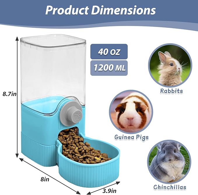 Fhiny Rabbit Food Dispenser, 40oz Large Capacity Hanging Gravity Bunny Feeder for Cage Automatic Guinea Pig Feeding Bowls Pet Food Storage for Guinea Pig Bunny Ferret Chinchilla Cat Puppy-Mewly Pet