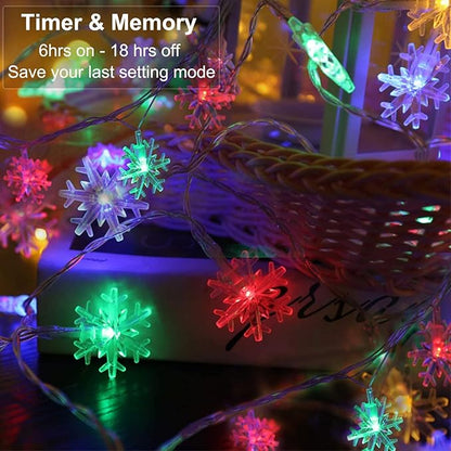 BrizLabs Colored Snowflake Lights, 40 LED 16.08ft Snow Flake Christmas Lights with Remote, 8 Modes LED String Lights Waterproof, Dimmable Battery Xmas Lights for Indoor Outdoor Christmas Tree Decor