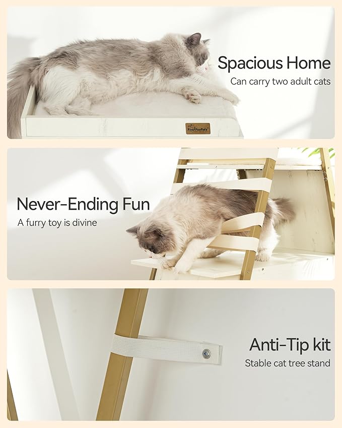 FourFurPets 72.4" Cat Tree, Modern Cat Tower for Indoor Cats, Multi-Level Cat Condo with Caves, Tall Cat Tree with Cat Scratching Board, Wooden Cat Tower with Large Perch, Removable Pads, White-Mewly Pet