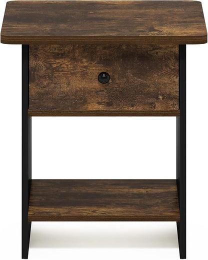 Furinno Dario End Table/ Night Stand Storage Shelf with Bin Drawer, Amber Pine/Black, 1-Pack, Upper Bin