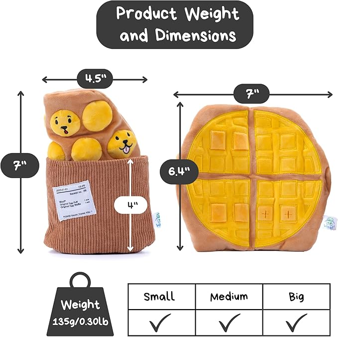 Egg Puff/Waffle 2-in-1 Nose-Work Soft Plush Squeaky Dog Toy - Durable, Cute & Fun HK Gift for Interactive Bonding Time, Hide Chew Sticks & Food for Puzzle Play, Small Medium Dogs-Mewly Pet