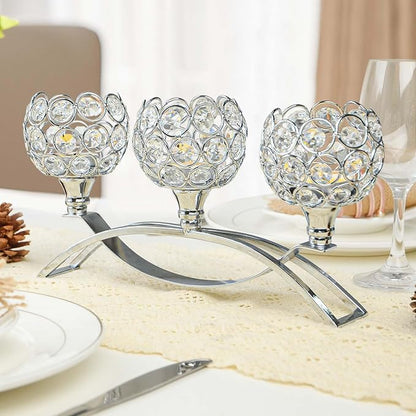Crystal Tealight Candle Holder Centerpiece Home Decorative Candlestick Holder Elegant Table Centerpiece Home Decor Wedding Party Anniversary (Silver, 3 Arm)