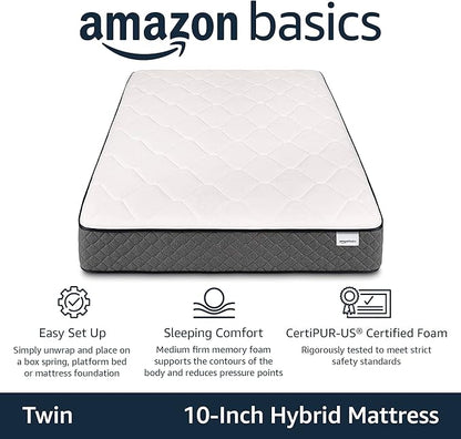 Amazon Basics Memory Foam Mattress, Twin Size Mattress, Hybrid, 10-Inch, Medium Feel, Motion Isolation Springs, White/Gray