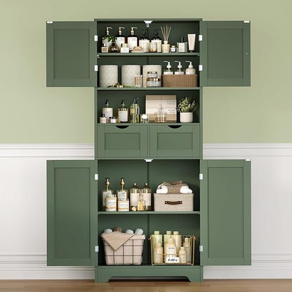 Iwell 58" H Tall Bathroom Storage Cabinet with 2 Drawers & 2 Adjustable Shelves, Bathroom Cabinet with 4 Doors, Tall Cabinet for Living Room, Dining Room, Entryway, Forest Green