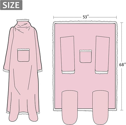 Catalonia Sherpa Wearable Blanket with Sleeves & Foot Pockets for Adult Women Men, Comfy Snuggly Wrap Sleeved Throw Blanket Robe, Gift Idea, Pink