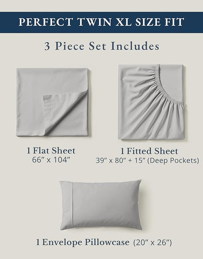 LANE LINEN Twin XL Bed Sheets Set - 100% Mercerized Organic Cotton Twin XL Sheets Set, Soft & Comfy Percale Weave, Machine wash Low Pilling Fade Resistant Luxury Hotel Style Twin XL Sheet Set - Silver