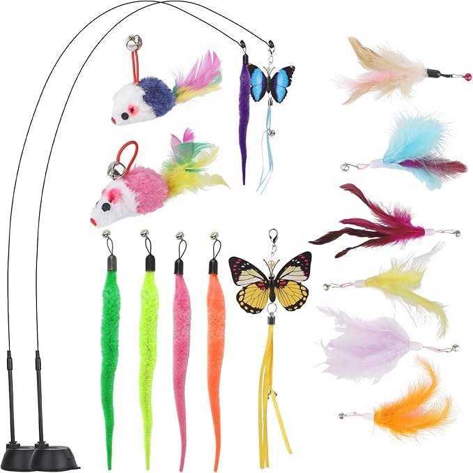 Suction Cup Cat Toys,Interactive Cat Wand with 15Pcs (Feather, Mouse, Butterfly, Worm),Durable Cats Fishing Pole Toy for Indoor Kittens,Fun Stick Toy for Exercise&Play-Mewly Pet
