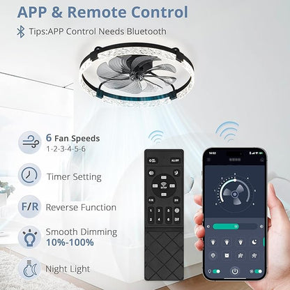 LEDIARY 24 Inch Ceiling Fans with Lights and Remote, Modern Dimmable Low Profile Ceiling Fan, Black Flush Mount Ceiling Fan with 3 CCT and 6 Speeds