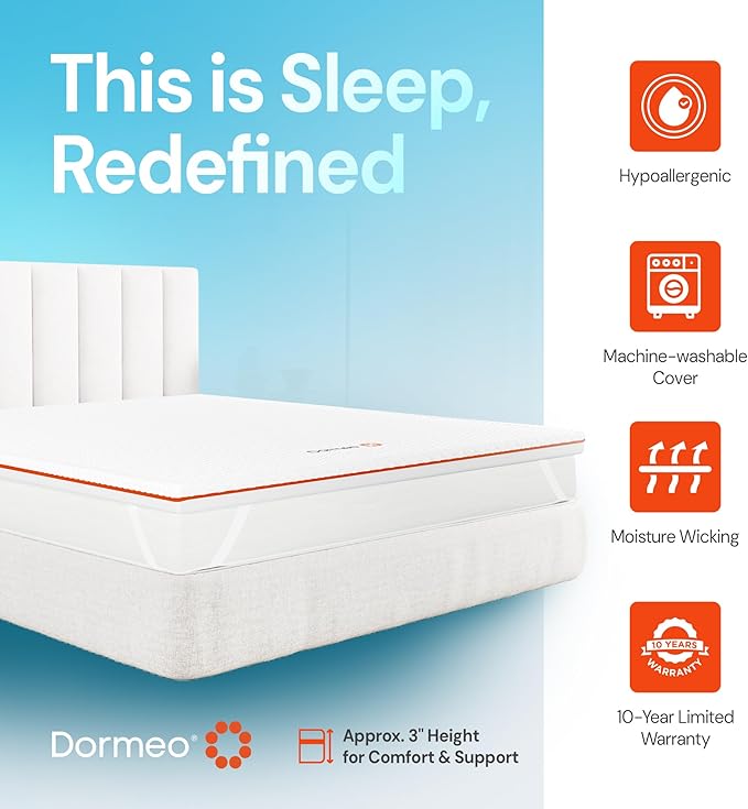 Dormeo Premium Full Size Cooling Mattress Topper - 3-Zone OctaspringⓇ Technology for Optimal Back Support, Anti-Slip Bottom