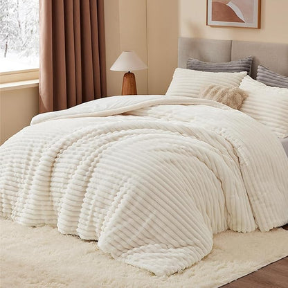 BEDELITE Fleece King Comforter Set -Super Soft & Warm Fluffy Cream White Bedding, Luxury Fuzzy Heavy Bed Set for Winter with 2 Pillow Cases