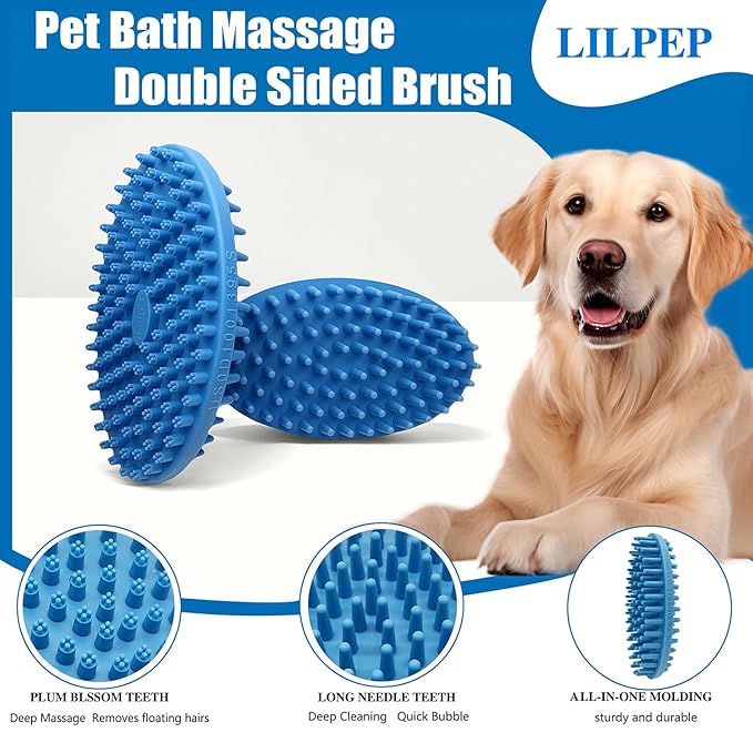 Dog Grooming Brush, Lilpep Pet Shampoo Bath Brush Soothing Massage Rubber Comb with Adjustable Ring Handle for Long Short Haired Dogs and Cats (2 pale blue, 2 sided brush)-Mewly Pet