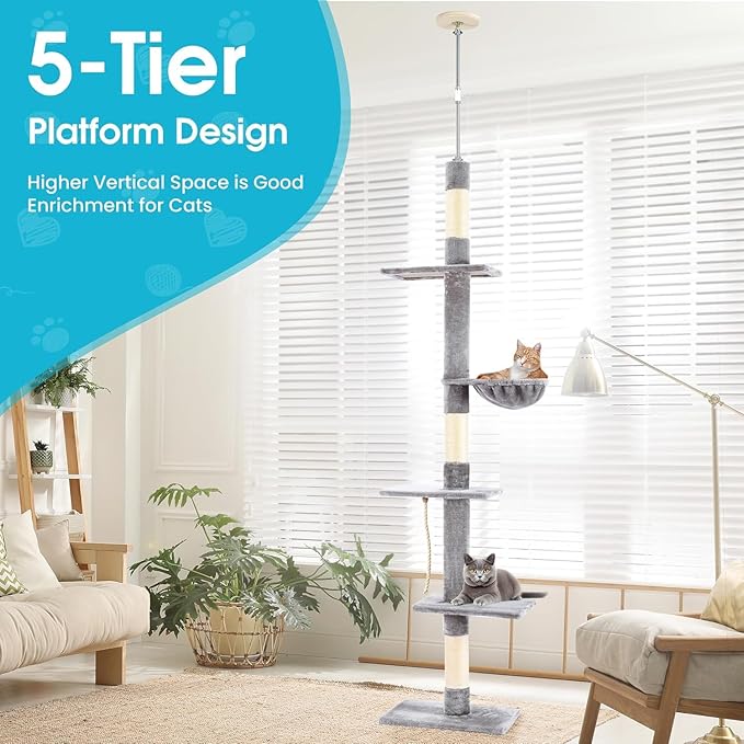 Cat Tree 5-Tier Floor to Ceiling, 89-109 Inch Adjustable Height Cat Tower with Cozy Hammock, Cat Climbing Tree for Indoor Cats, Gery-Mewly Pet