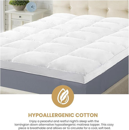 Superior Mattress Topper, Down Alternative, 2 Inch Deep Sized Bed Pillow Top, Comfort Pad, Fluffy Mattress-Topper Protector, Plush Cooling Extra Soft, Hotel Quality, Sleep, All-Season, King, White
