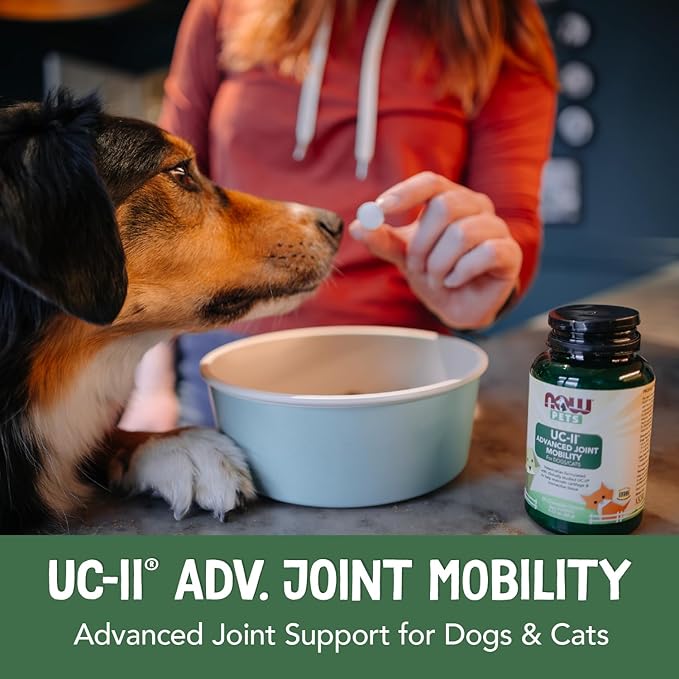 NOW Foods® Pets, UC-II® Advanced Joint Mobility for Dogs and Cats, Veterinarian formulated, Help Maintain Cartilage and Connective Tissue*, 60 Chewable Tablets (60 Grams)-Mewly Pet
