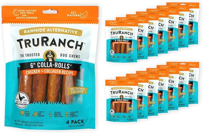 Collagen Rolls - 6" Collagen Rolls for Dogs - Long Lasting Healthy Joint Support - Rawhide Alternative - Skin & Coat Health - Made with Real Chicken, Value Pack, 15 Bags, 60 Count-Mewly Pet