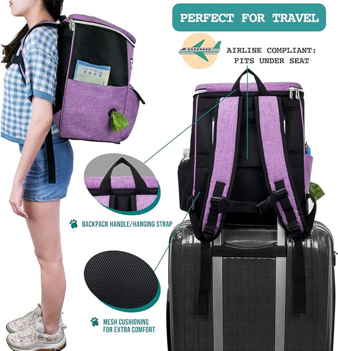 PetAmi Dog Travel Bag Backpack, Airline Approved Dog Bags for Traveling, Puppy Diaper Bag Supplies, Pet Camping Essentials Hiking Accessories Dog Mom Gift, Food Container, Collapsible Bowls, Purple-Mewly Pet