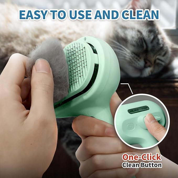 Steam Pet Brush for Shedding, 3 In 1 Self Cleaning Anti-Static Steamy Hair Brush, Reduces Loose Hair and Shedding for Long and Short Hair Pets Grooming, Green-Mewly Pet