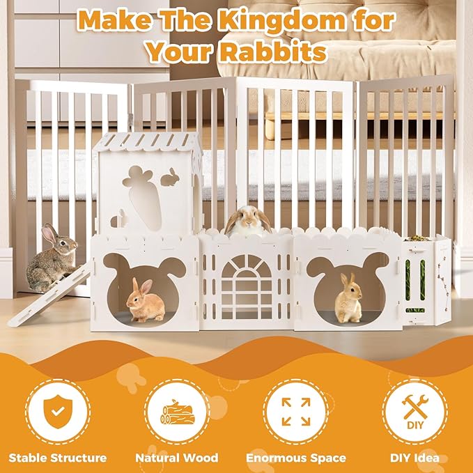 Extra Large Rabbit House, Wooden Bunny House Hideout with 4 Houses and Hay Feeder Indoor, Rabbit Guinea Pig Hideout Multistory Climbing Tower Sturdy Wooden Castle, Small Animal Hideaway Tunnel-Mewly Pet
